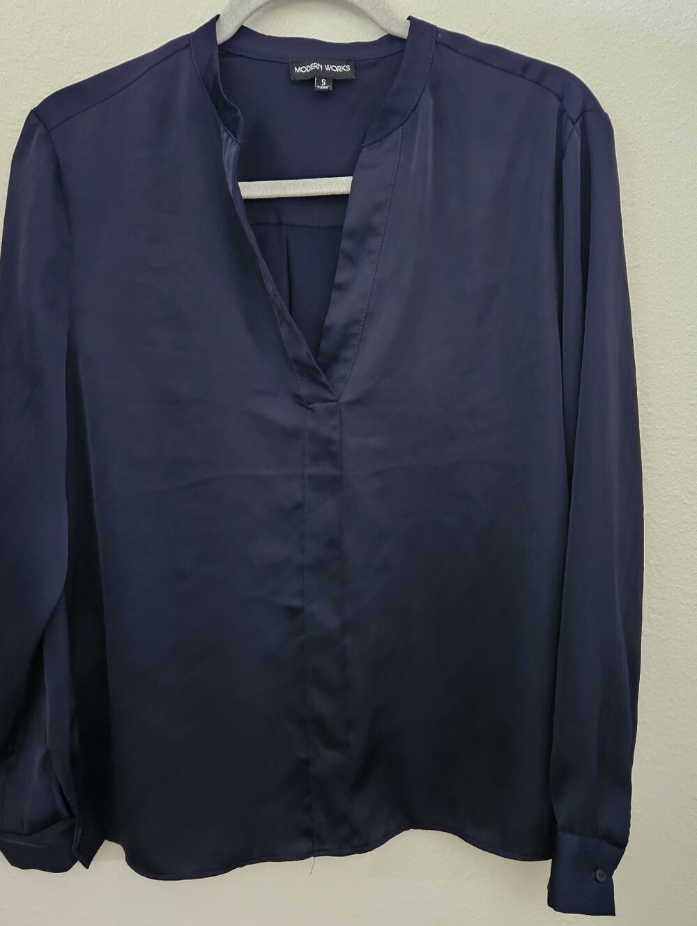 Navy Blue V Neck Blouse Small Satin Feel Long Sleeve Top Workwear